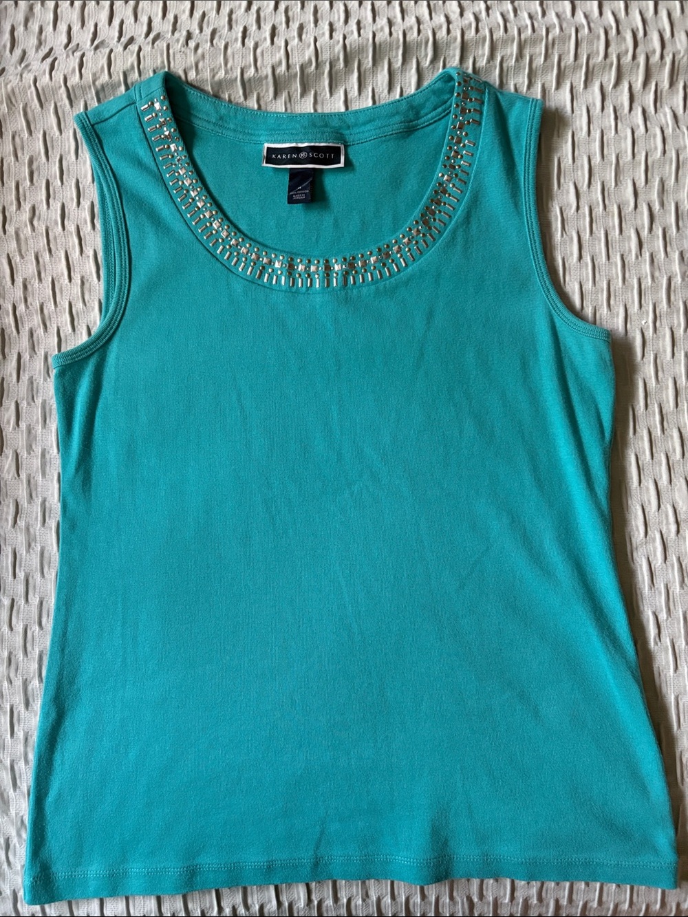 Karen Scott Turquoise Embellished Scoop Neck Tank Sz Med